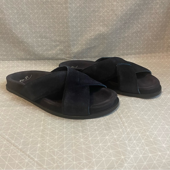 Mr. P Tom Padded Suede Cross Strap Sandals Dark Blue 7.5 - Picture 1 of 6